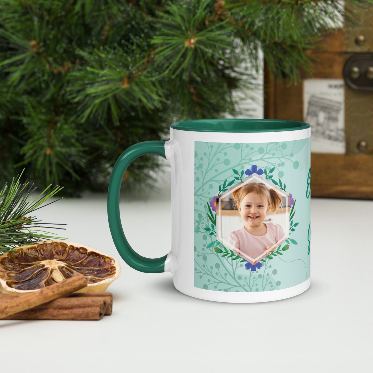 Taza Verde Personalizable con 2 Fotos y 1 Texto