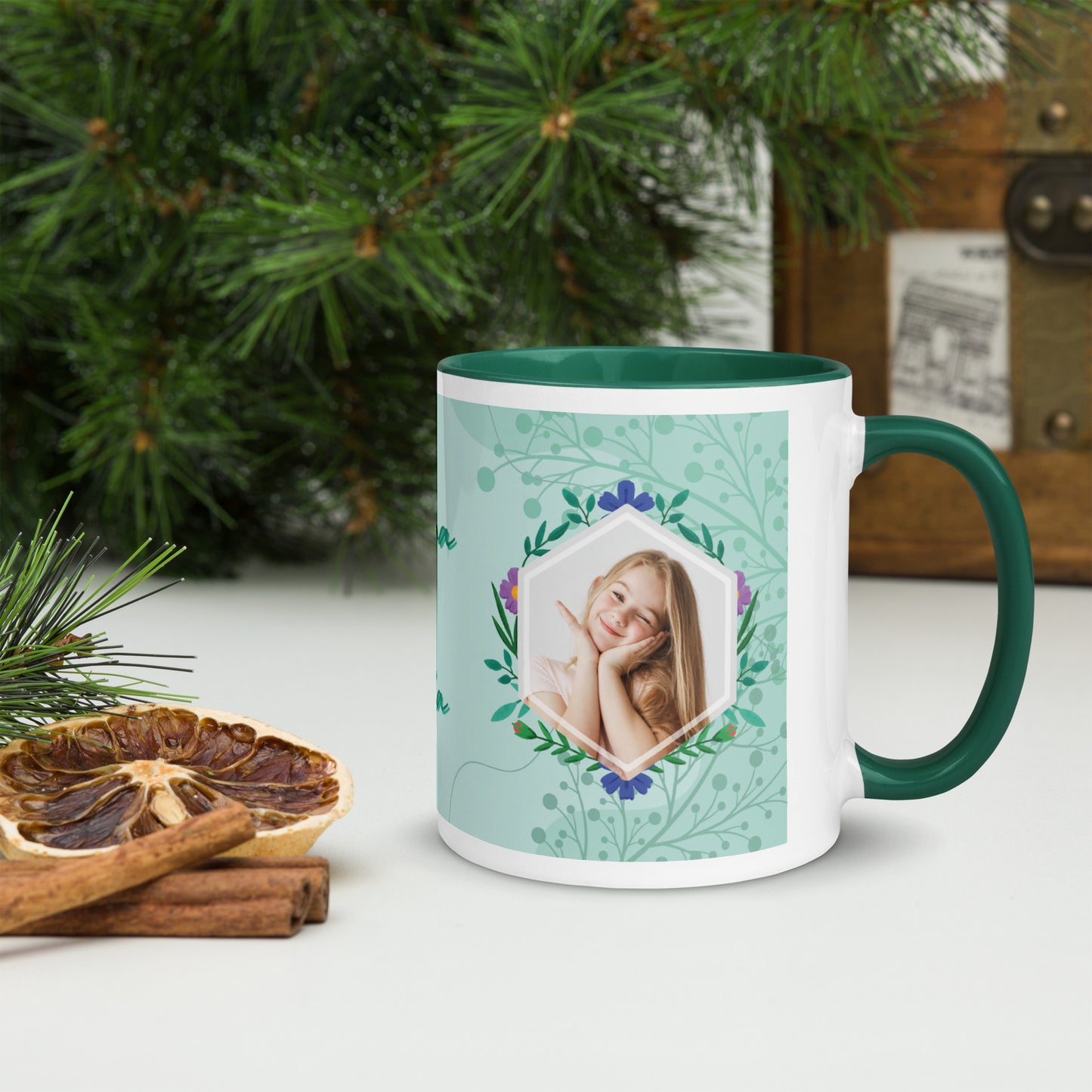 Taza Verde Personalizable con 2 Fotos y 1 Texto