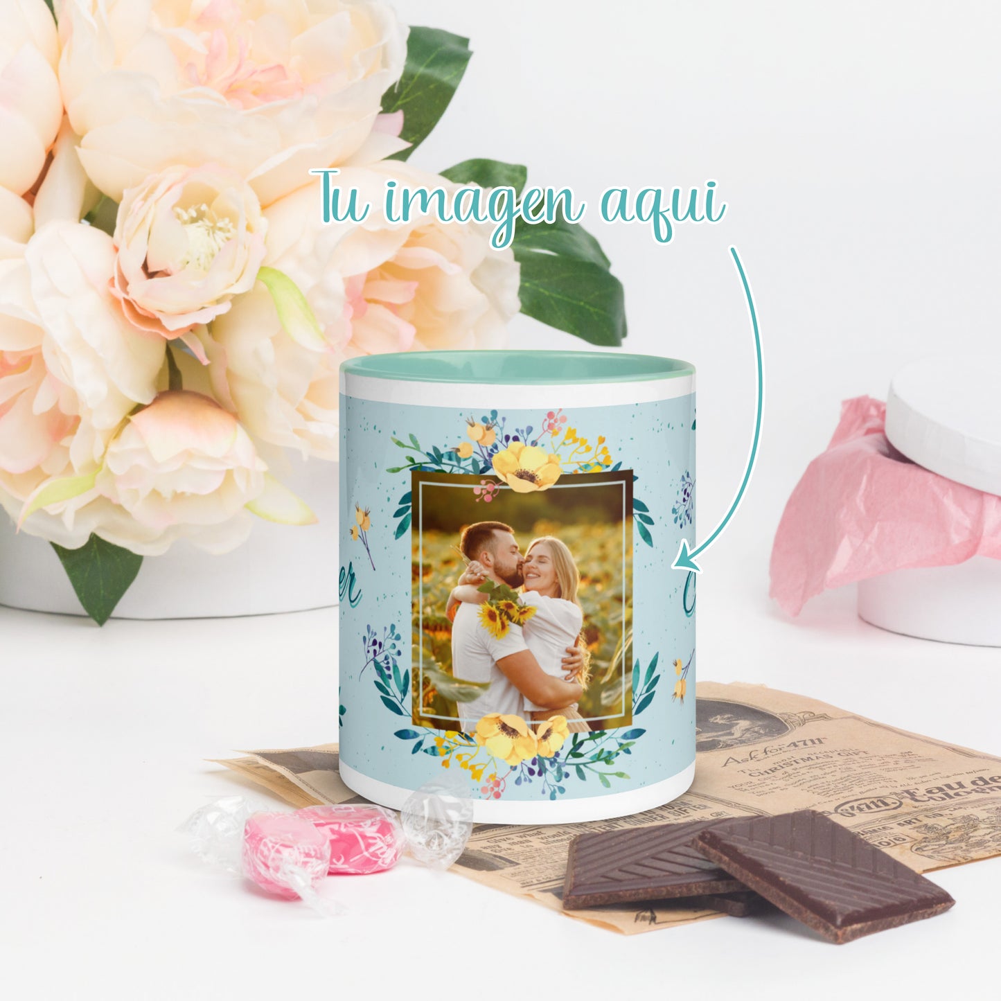 Taza Turquesa Personalizable con Foto y 2 Nombres